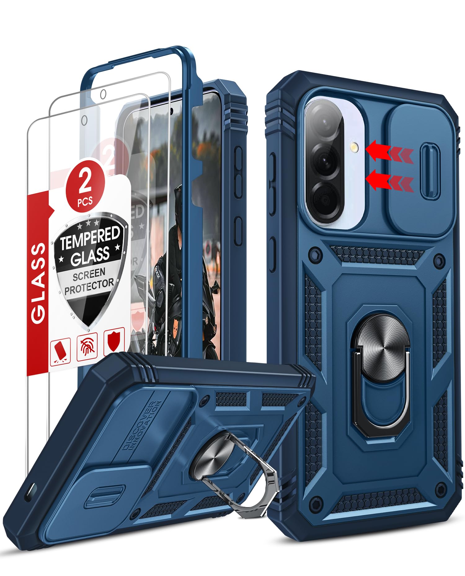 LeYi for Samsung A57 Case: A57 Samsung Phone Case with 2 PCS Glass Screen Protector, Slide Camera Cover Military-Grade Protection Cobertor para Telefono Andorid Unlocked Cell A57 256GB 2026, Blue