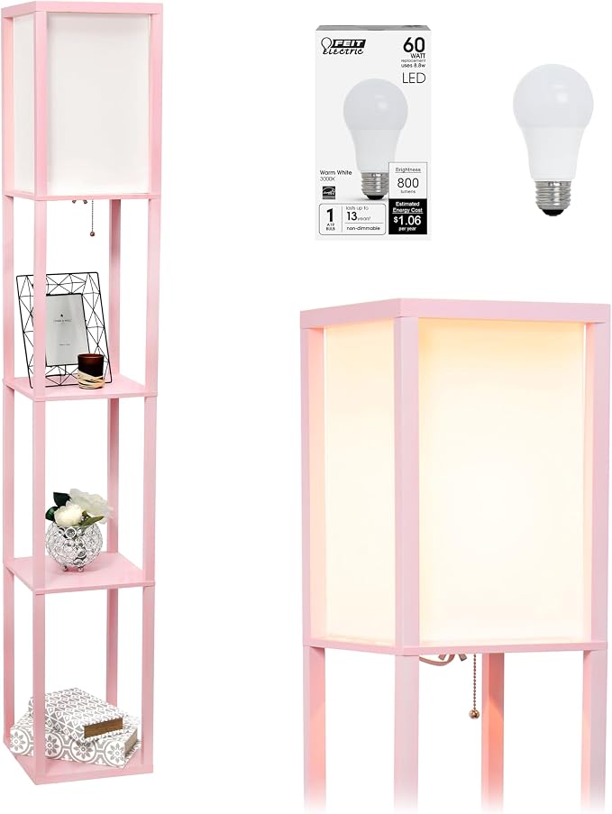 Simple Designs LF1014-WHT-LB Three Shelf Etagere Organizer Storage Floor Lamp with White Linen Shade for Living Room, Bedroom, Office, Hallway, White, with Feit LED Bulb Included