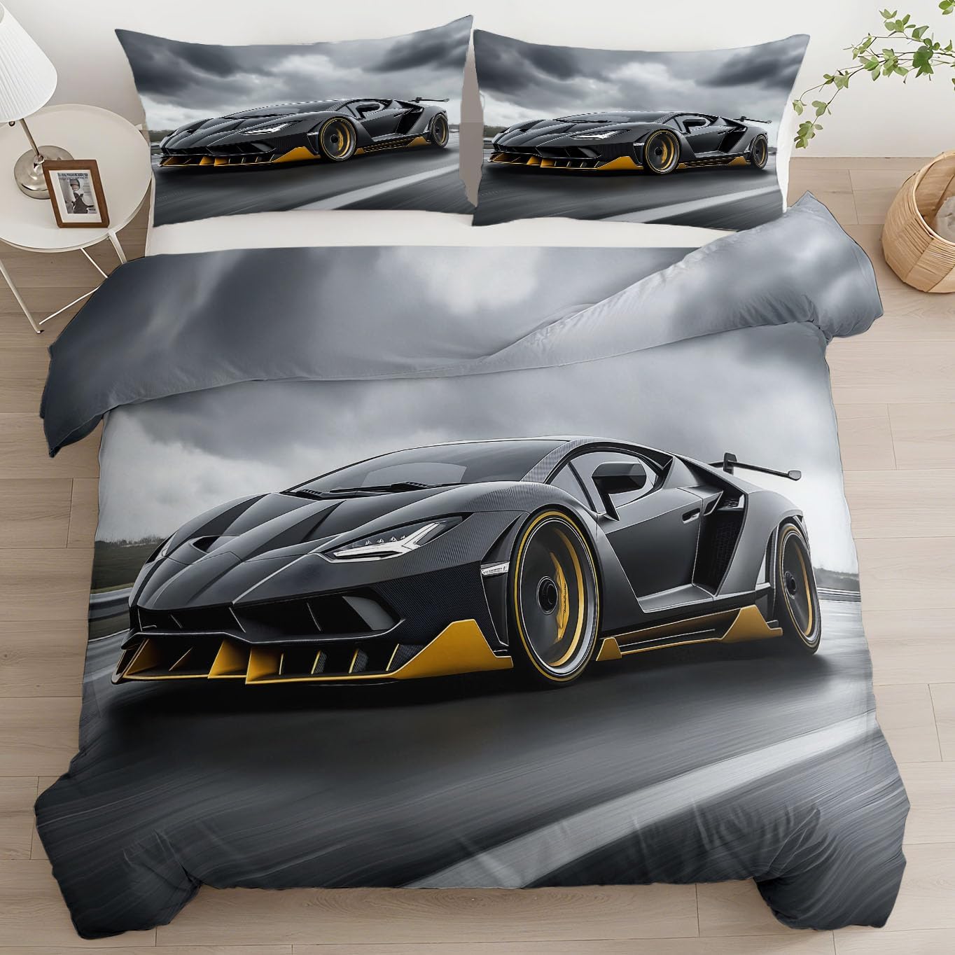 Bed Linen 135 x 200 cm Sports Car Grey Duvet Cover Set for Children Boys Girls Soft Breathable Cotton Polyester Racing Car Extreme Sports Bed Set with Zip