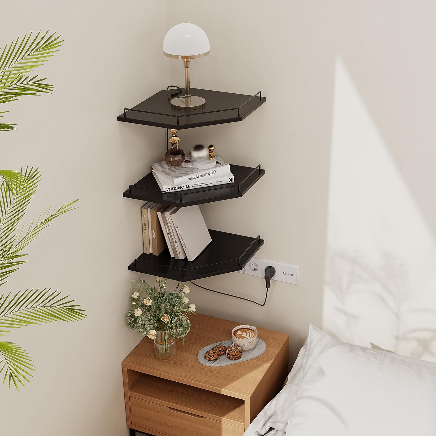 JJL Corner Shelf Wall Mounted, 12 Inches 3-Tier Floating Corner Shelf, Hexagon Rustic Wood Decor with Fence, Black Wall Storage for Living Room Bedroom Kitchen Bathroom