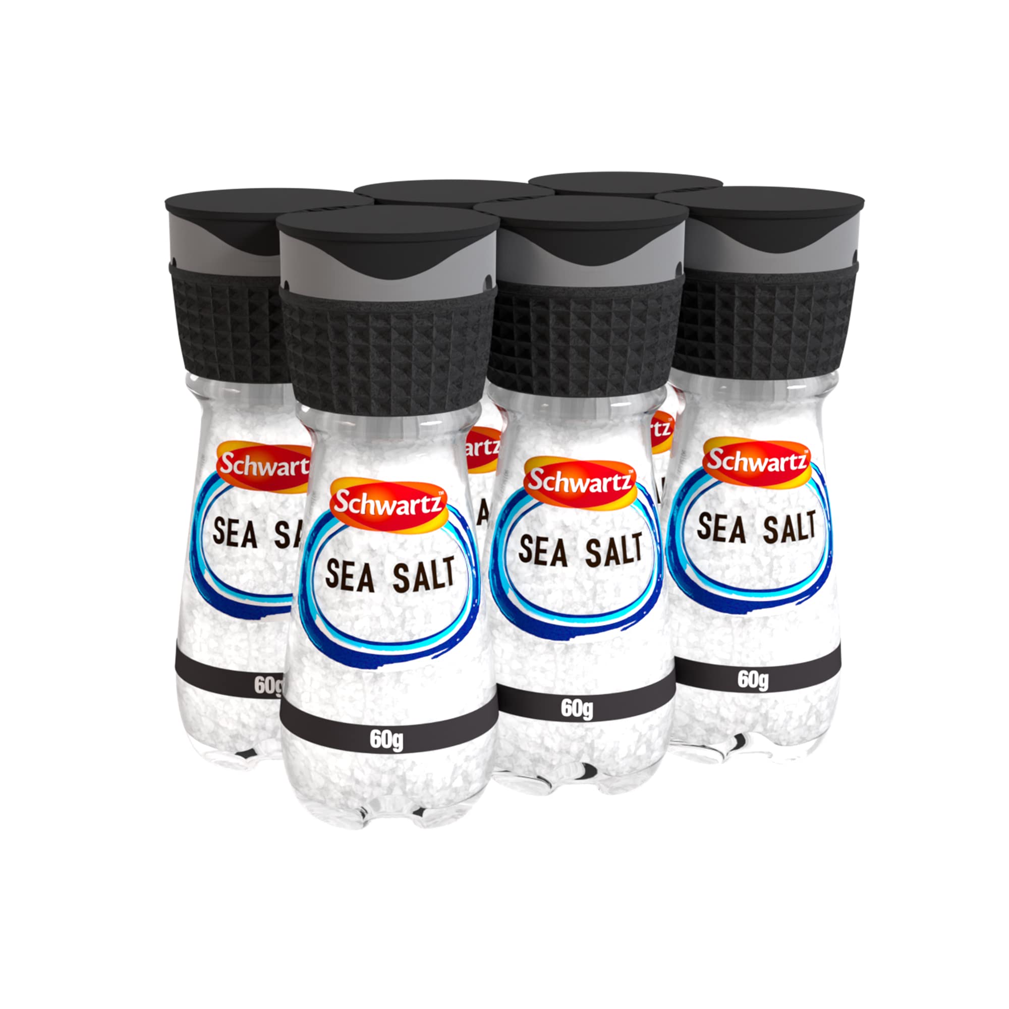 Sea Salt 60 G | Jar with Grinder | Pack of 6 | Coarse, Medium, or Fine Texture | Naturally Harvested Crystals | High Concentration of Minerals and Enhanced Flavour