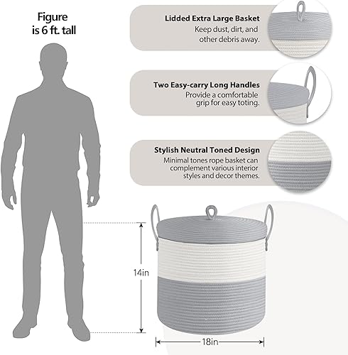 Miniatura 8 de Cesta de almacenamiento grande de 20 x 15 pulgadas con tapa, cesta de manta para sala de estar, cestas de cuerda de algodón tejida para