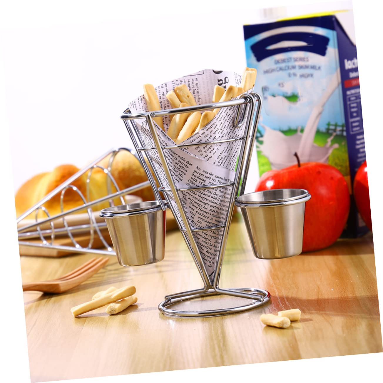 GRIRIW 3pcs Snack Stand Ice Cream Cone Holder Mini Deep Fryer Basket French Fries Basket French Fry Holder with Stand Ice Cream Cones French Fries Stand Car Stand Storage Rack Iron Silver