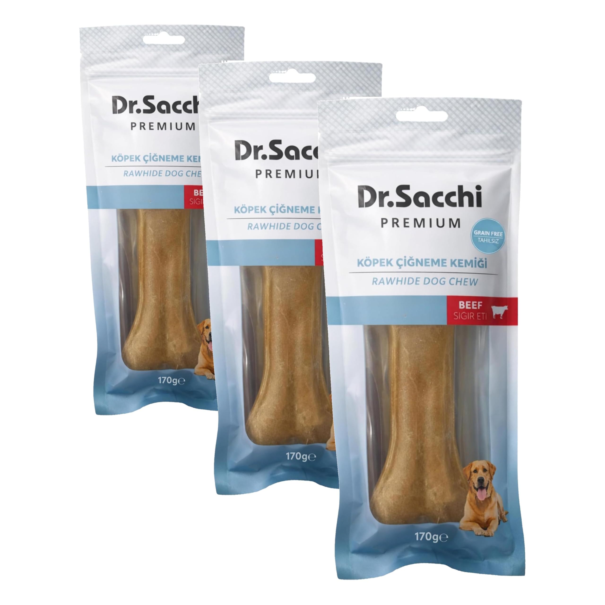 Dr.Sacchi Premium Sığır Etli Doğal Sığır Derisi Press Kemik Tahılsız Köpek Ödülü 8.5"170-180 Gr 1'li (3 paketi)