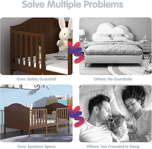 Vista 6 de Costzon Cama convertible 2 en 1 para niños pequeños, cama clásica de madera para niños con 2 barandillas laterales, estribo para mayor seguridad