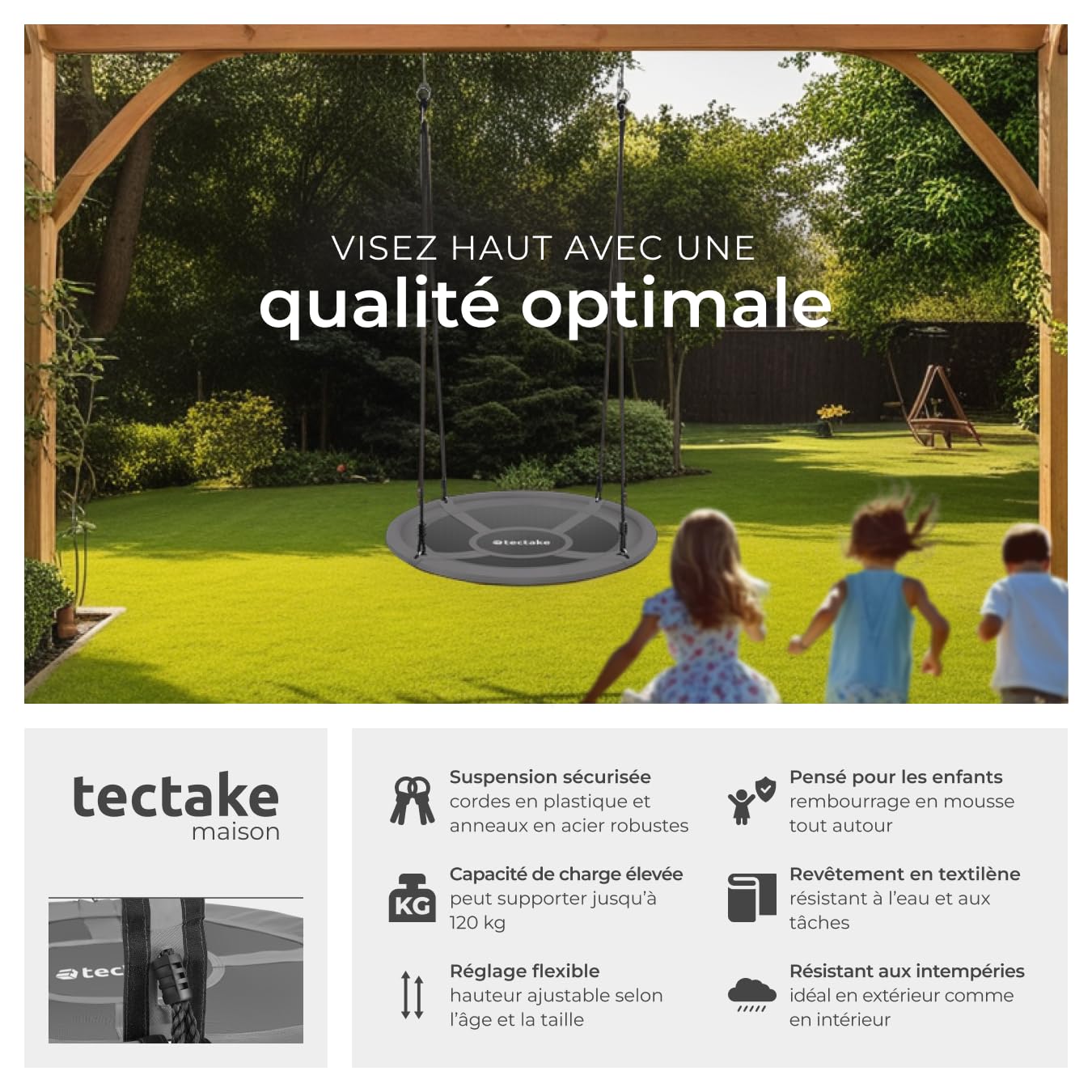 tectake® Balancoire nid d'oiseau Balancoire Exterieur Balancelle de Jardin pour Aire de Jeux Exterieur Our intérieur pour Enfant & Adultes avec Corde balancoire & mousquetons, Max. 120 kg, ⌀120cm