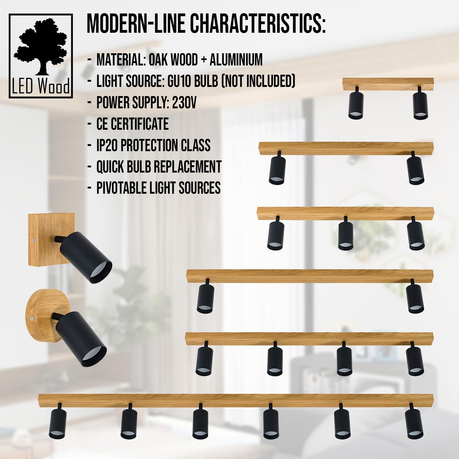LED Wood Obrotowy reflektor sufitowy na 3 żarówki - Ręcznie robiona nowoczesna lampa sufitowa z dębu - Lampka sufitowa ze strumieniami światła GU10 do salonu (bez żarówki) - Długość 60 cm
