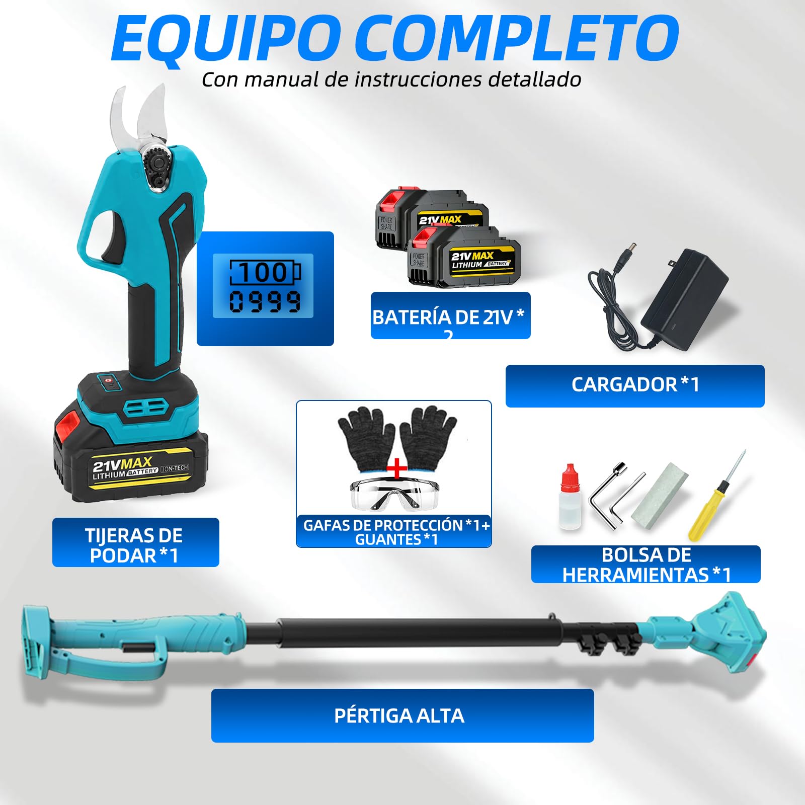 Tijeras de podar telescópicas con batería: equipadas con dos baterías de 4000 mAh, cuchillas SK5 de 40 mm, 4,5 metros de longitud total, para cortar árboles arbustos y setos