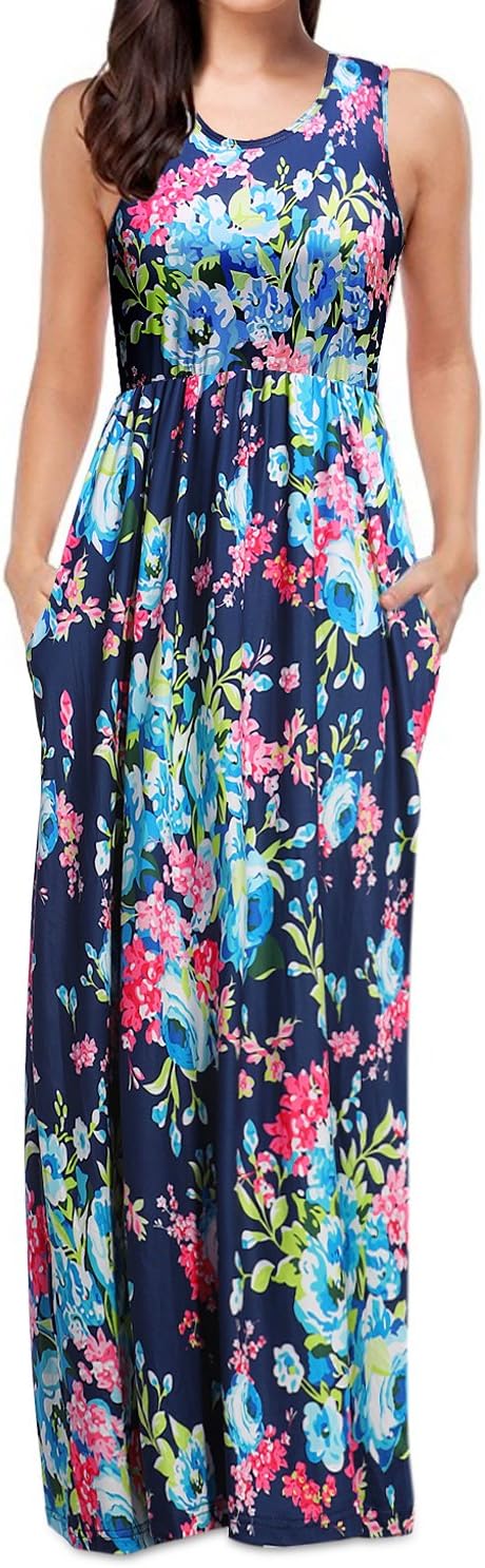 Women's Summer Sleeveless Floral Print Maxi Dress Tank Top Casual Long Dresses Blue XL