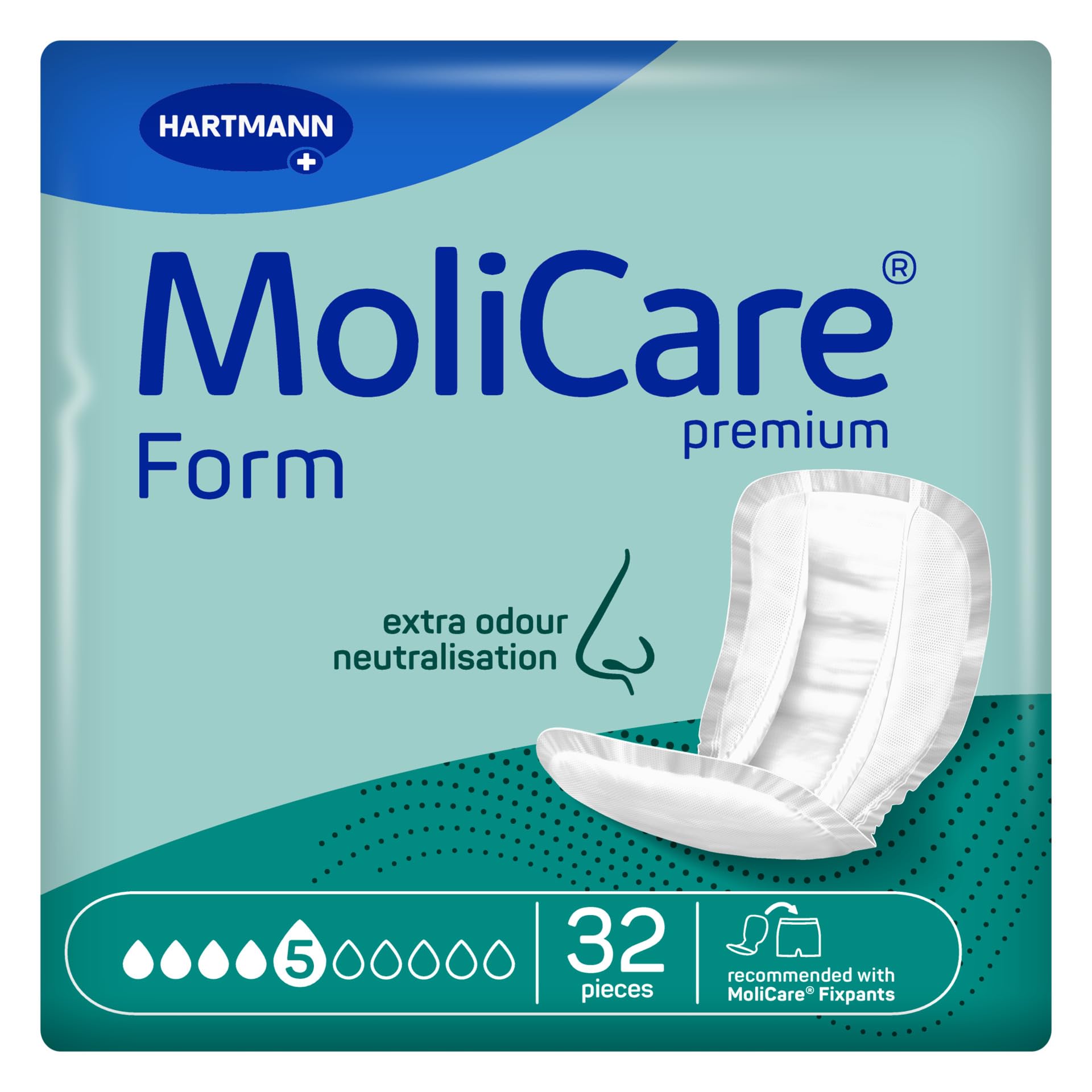 MoliCare Premium Form | 5 Drops | Large Incontinence Pads | Instant Dry Feeling All Day | Soft Material | Active Skin Protection | Pack of 32 | Absorbs up to 1662ml