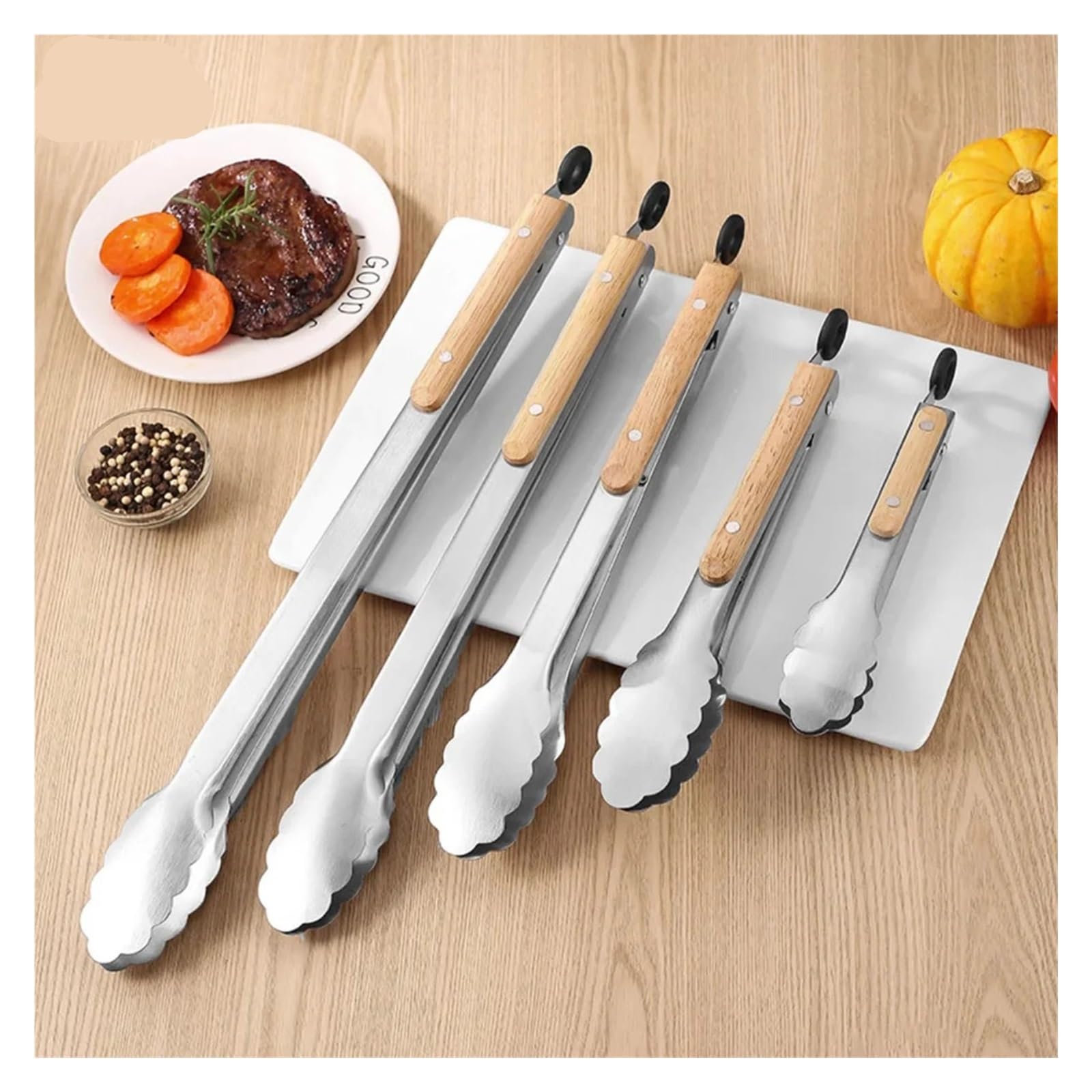 Pinze da cucina in acciaio inossidabile 7-16 pollici con manico in legno - for cucinare, grigliare e barbecue(39.5cm)