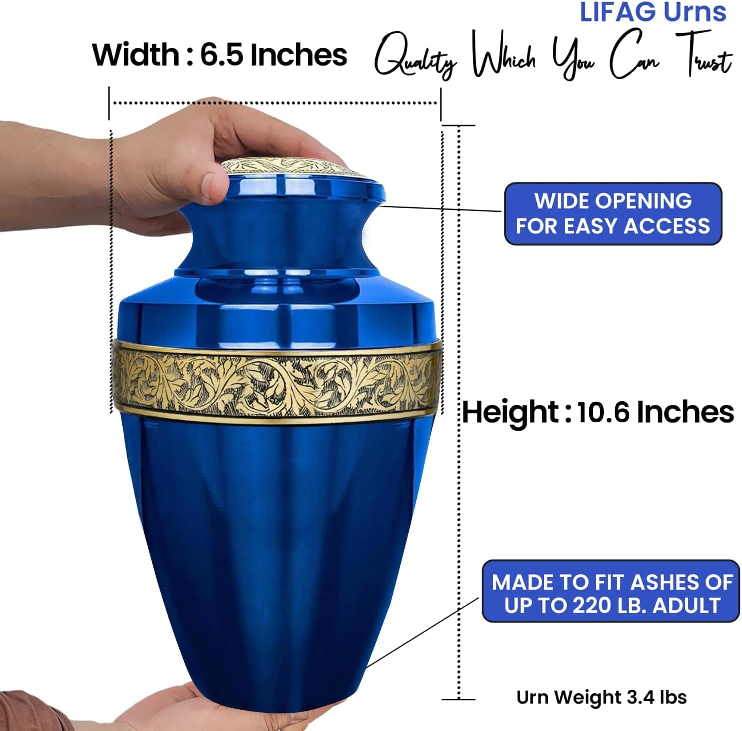 Blue Urns for Human Ashes Adult Female & Male with Ash Necklace & Velvet Bag | Handcrafted Blue and Gold Metal Cremation Urns for Human Ashes Adult Man | Elegant Burial & Funeral Urn - 220 lbs