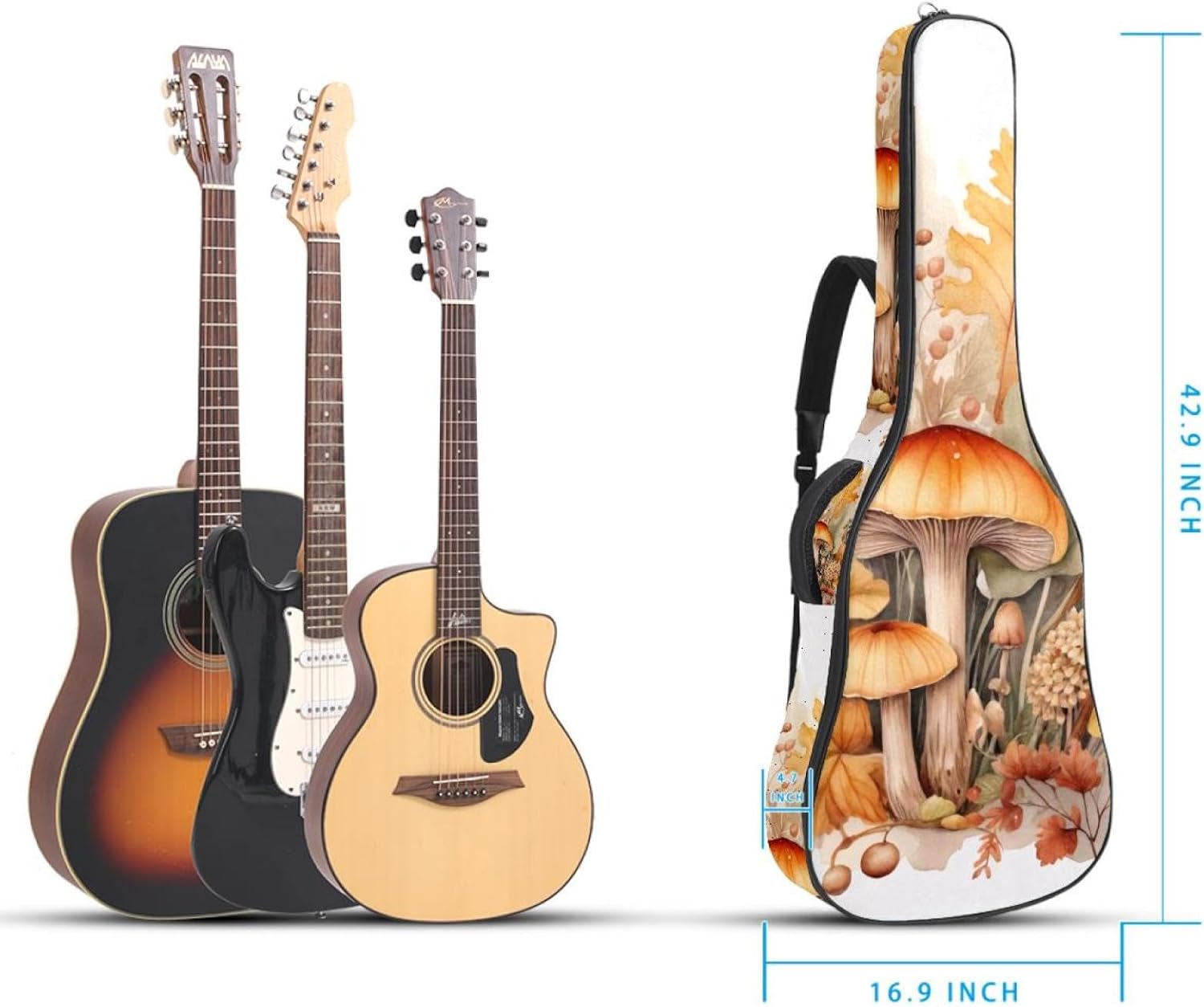 40 41 42 Inch Guitar Bags, Waterproof Padded Acoustic Guitar Case Backpack with Adjustable Shoulder Strap & Pockets, Watercolor Herbs Leaves and Mushrooms