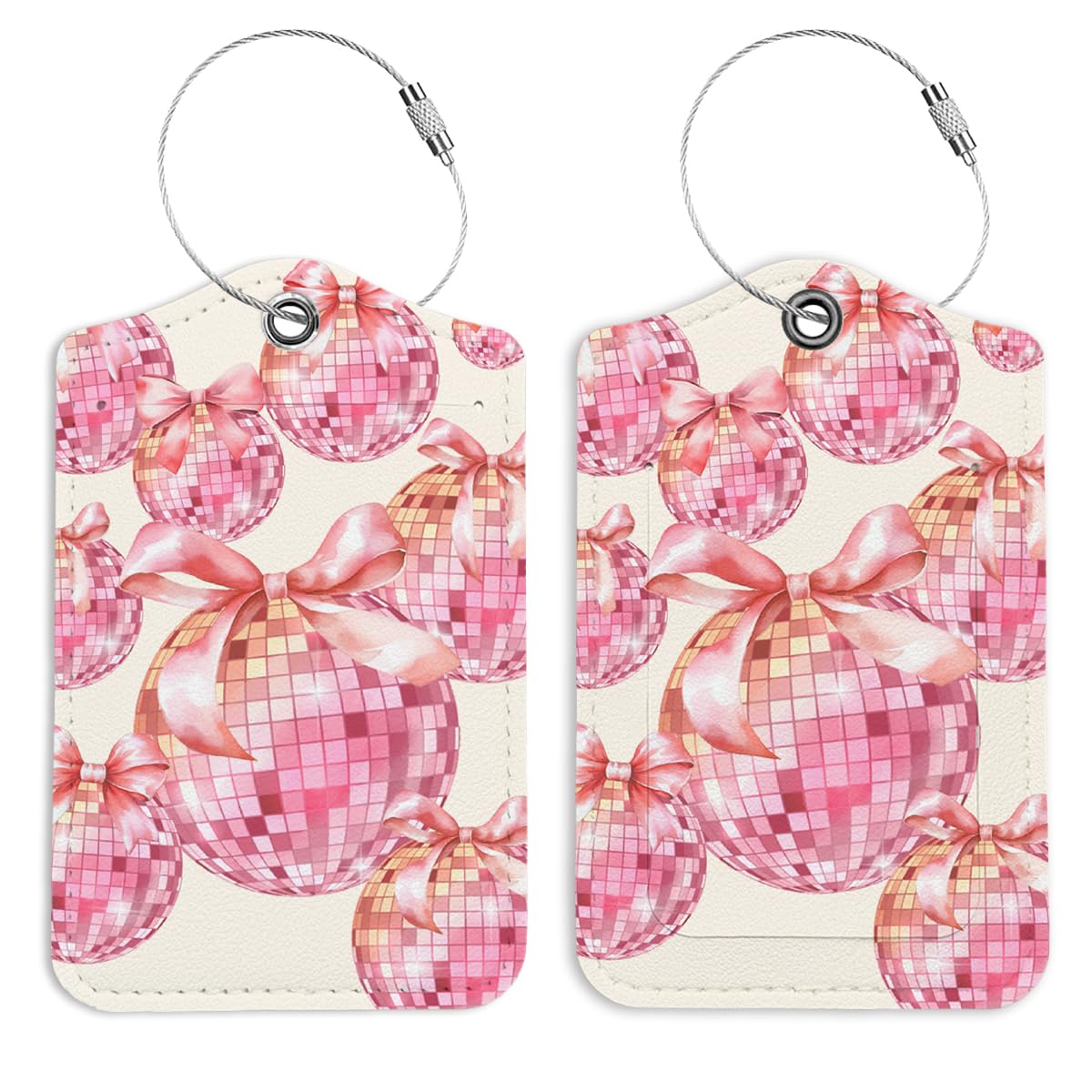 LARTSFRO Pink Disco Ball Luggage Tags for Suitcases, Bows Luggage Tag, Back to School for Students, Trendy Girly 2 Pack Travel Luggage Tags, Teen