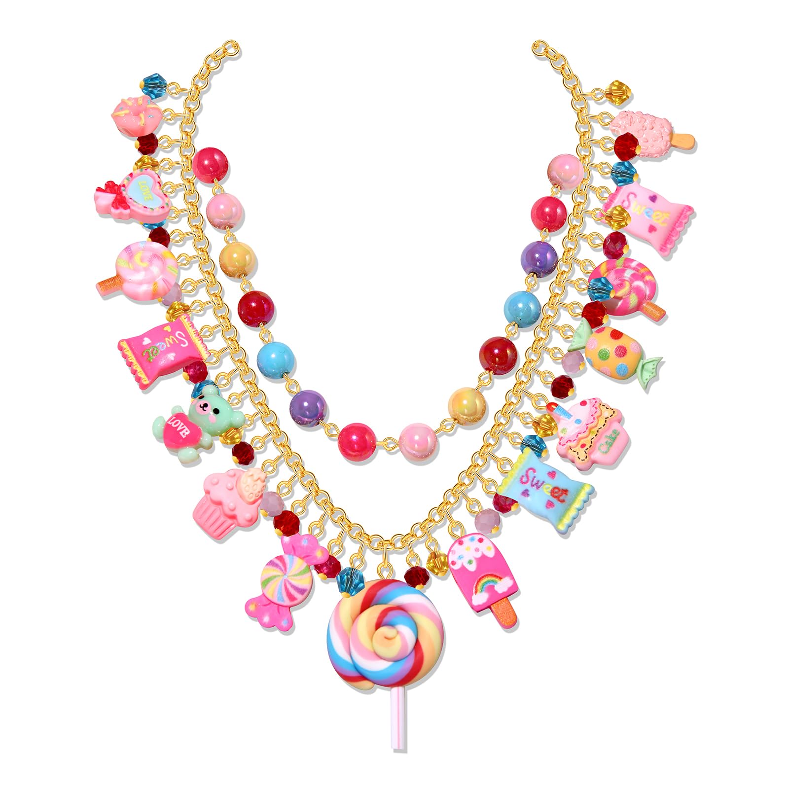 HSWE Candy Layered Necklaces for Women Novelty Colorful Beads Lollipop Sweet Candy Bear Ice Cream Dessert Cake Pendant Choker Necklace for Birthday