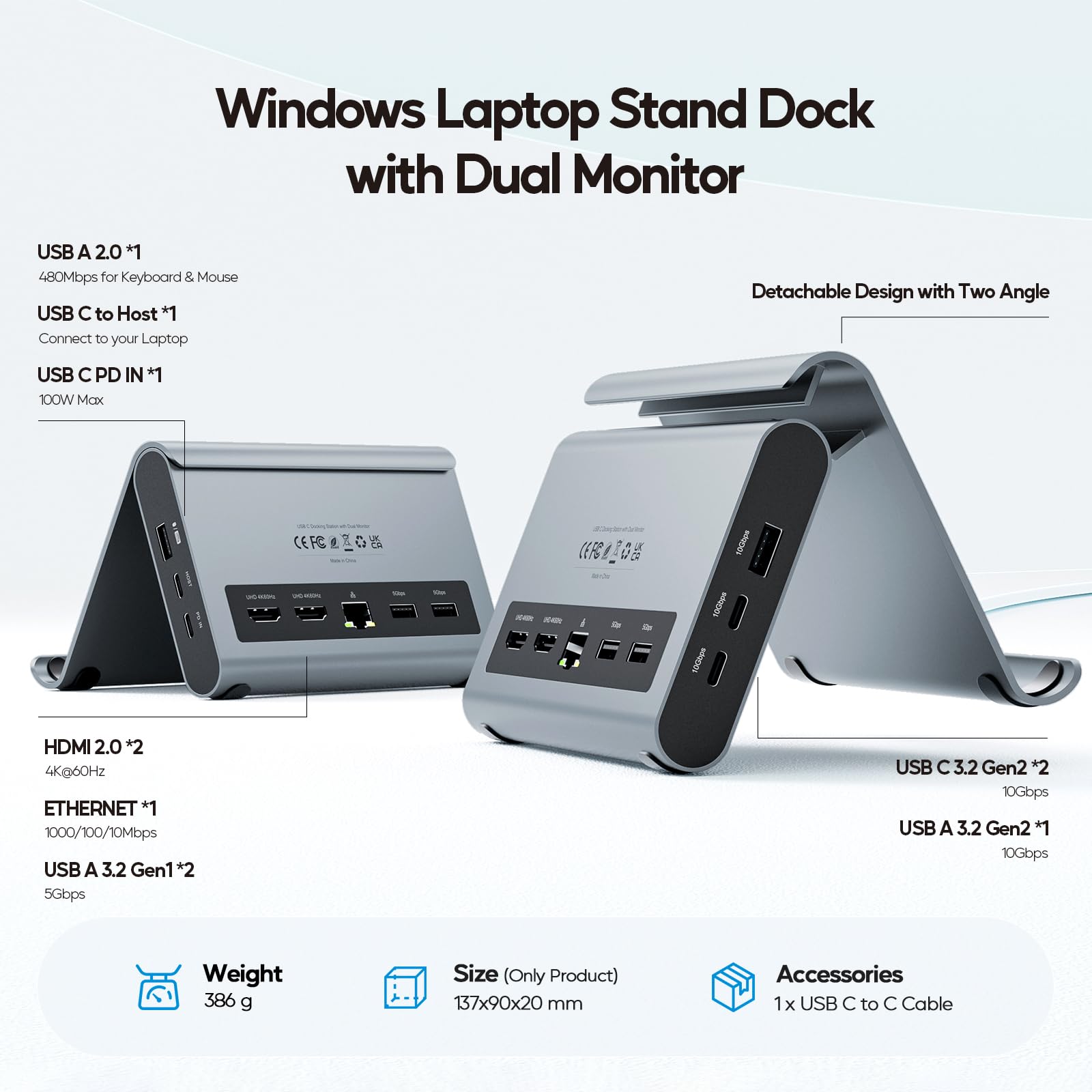 USB C Docking Station Dual Monitor 4K@60Hz, 6X USB-A/USB-C, Plug & Play | PULWTOP USB C Hub mit 2x HDMI, PD, Ethernet, vertikale Dockingstation für Surface Pro 11/10/9/8 & Windows Laptop - Grau