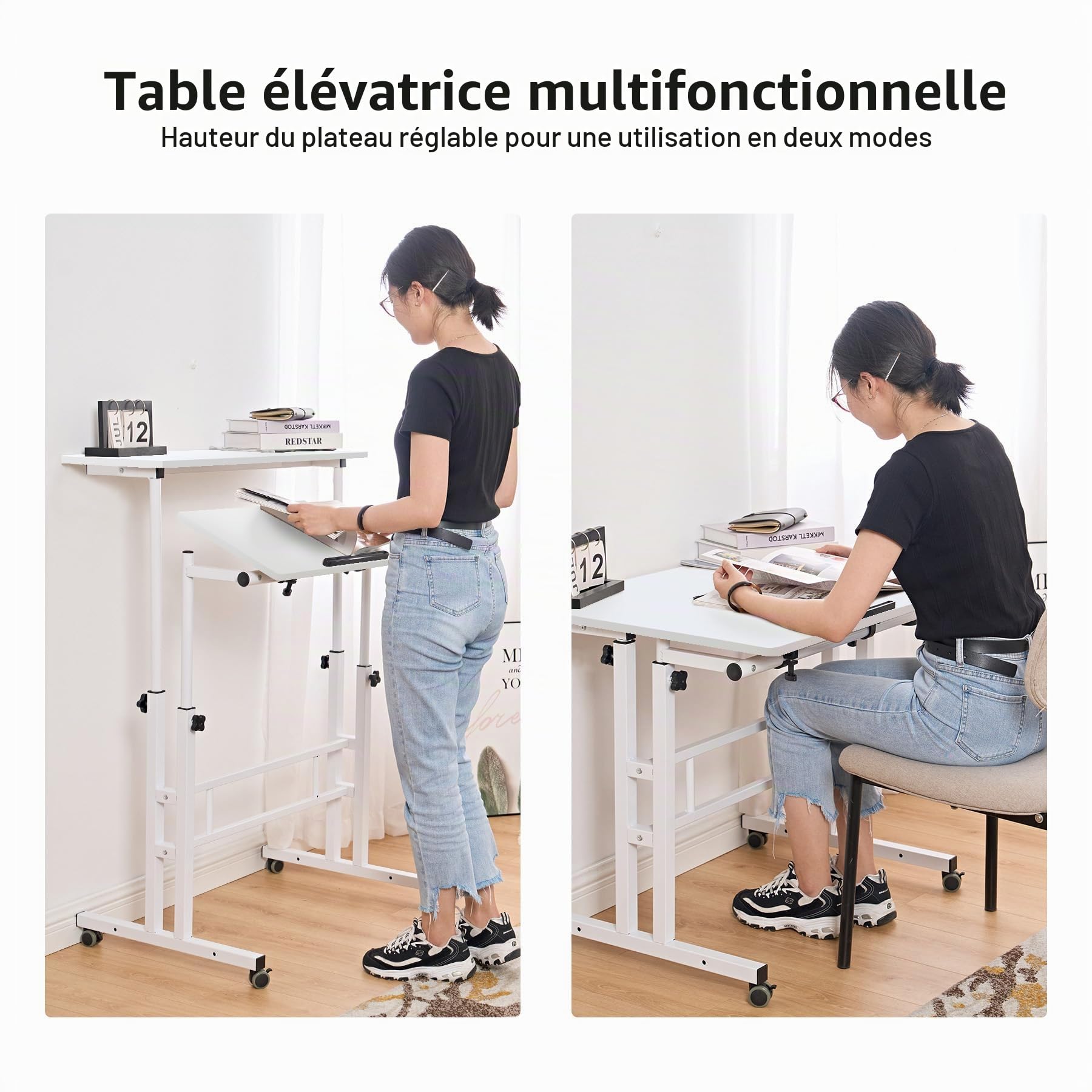 sogesfurniture Table Roulante pour Ordinateur Portable Hauteur Réglable et Plateau Inclinable, 80x60cm Bureau Support Ordinateur Table d'appoint à roulettes pour Bureau Canapé Lit, Blanc