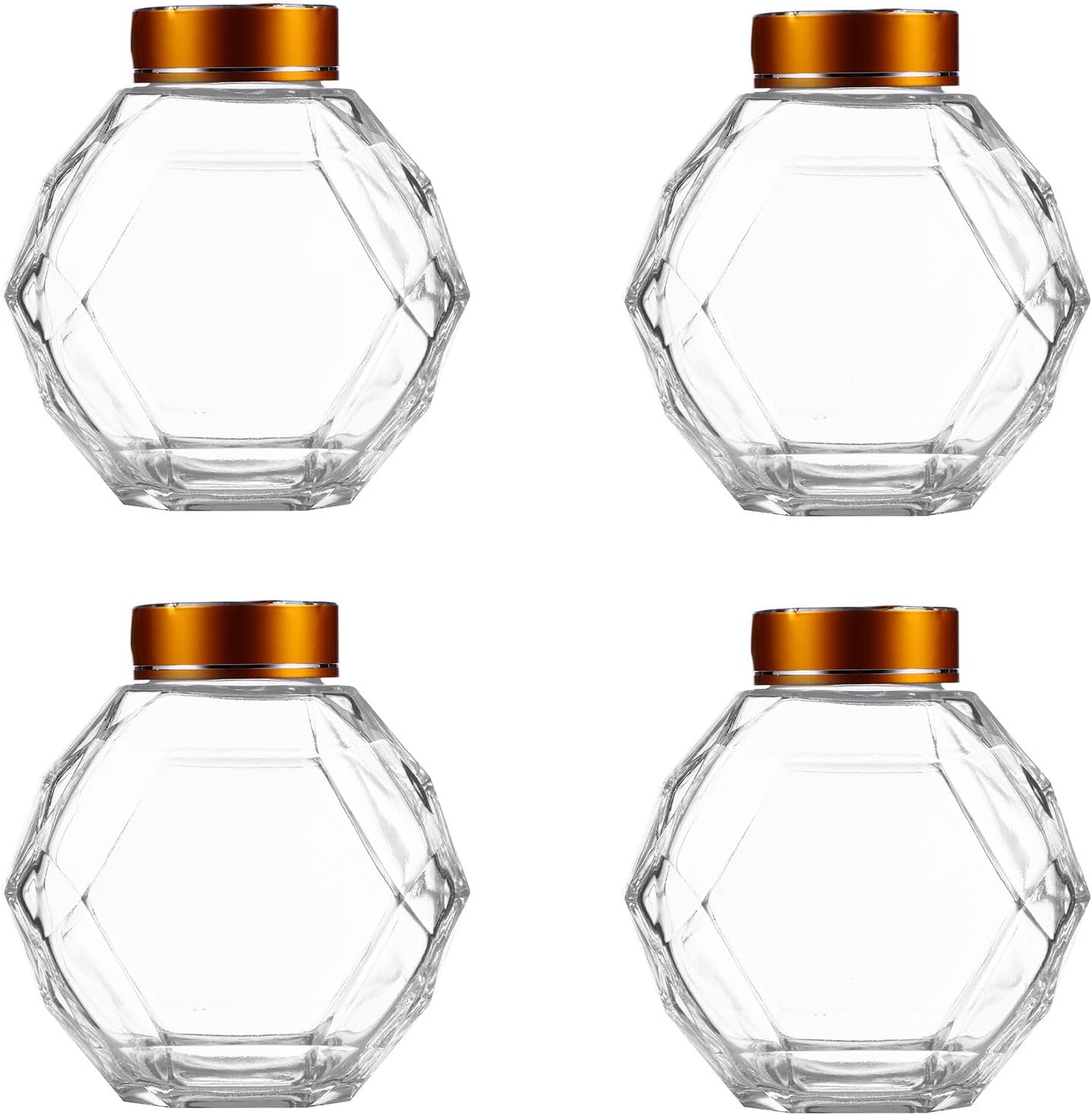 Zerodeko Honey Jar with Iron Lid Spiral Design Sealing Golden Glass 4pcs for Kitchen and Dining Use