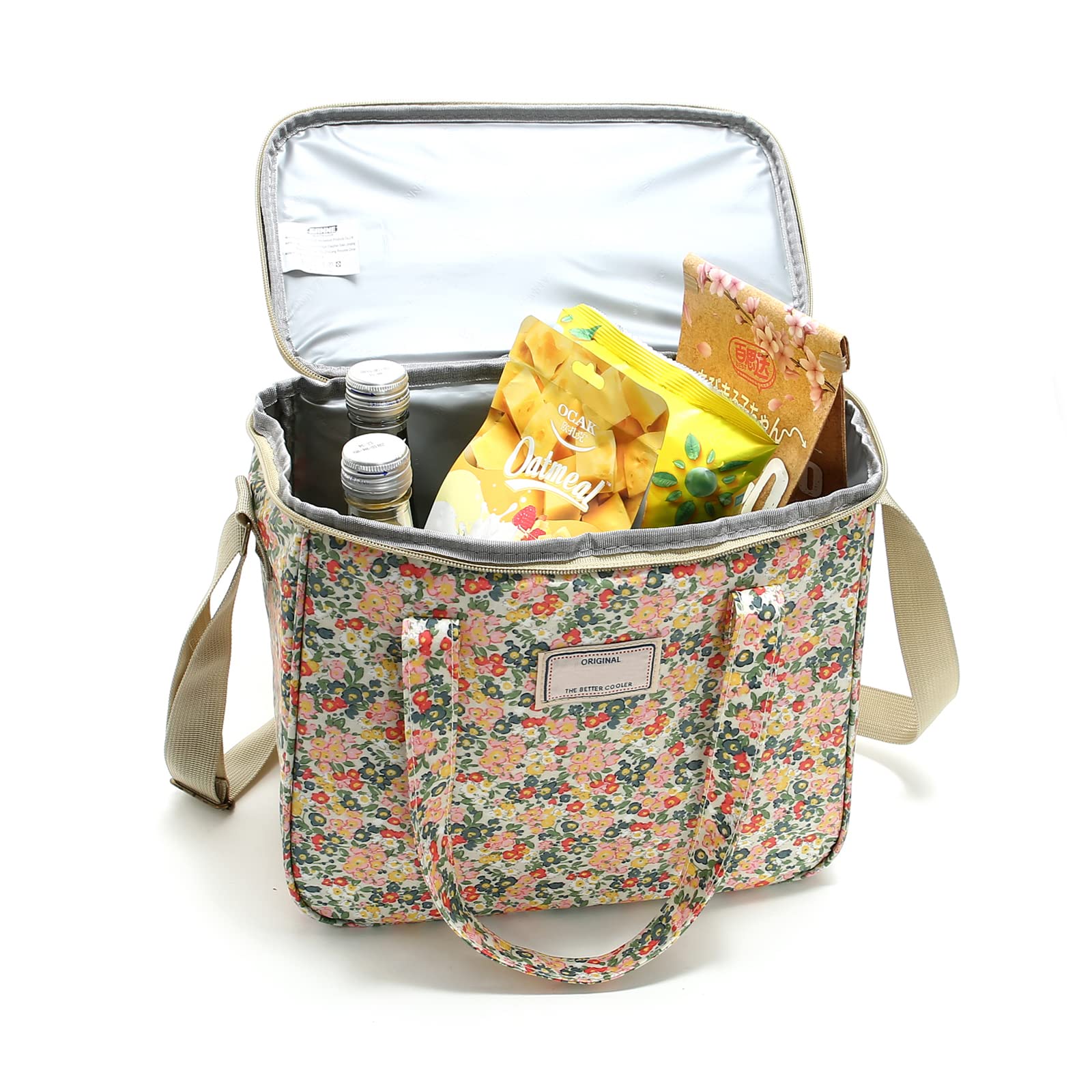 Nanxson Termica Pranzo Borsa Grande Termica Riutilizzabile Floreale Borsa per Ufficio,Lavoro,Scuola,Picnic,Spiaggia con Tracolla Regolabile (11.25L,A-Beige)