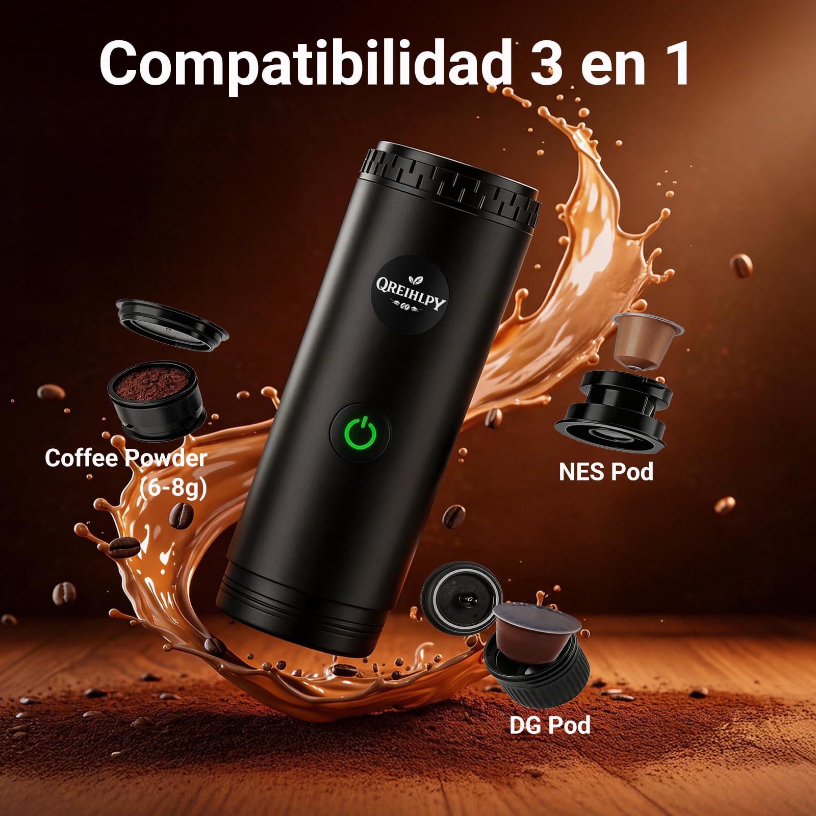 Cafetera Portátil 3 en 1, Presión para un Auténtico Espresso con Crema Espesa, Compatible con Cápsulas Nespresso y Café Molido, Autocalefactable para Viajes, Camping, Oficina y Hogar
