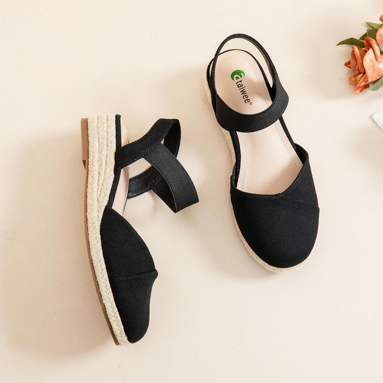 Ataiwee Women's Platform Wedge Heel Espadrille Sandals - Adjustable Elastic Ankle Strap, Slip-On lightweight Rubber Sole, Comfortable Insole, Close-Toe Casual Summer Sandals.