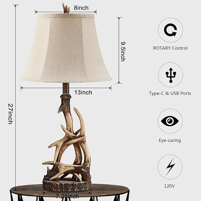 HUITICO 27.25'' Rustic Antler Table Lamp for Bedroom Nightstand Lamps with USB A + C Charging Ports Western Cabin Lamps for Living Room Home Office, Linen Lampshade, Single, Bulb Not Included photo 2