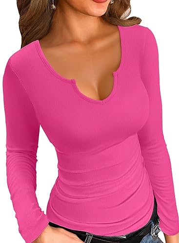 VICHYIE Womens Tops V Neck Summer Short Sleeve Casual Slim Fitted Tshirt - Long Sleeve - Medium - Z-hot Pink