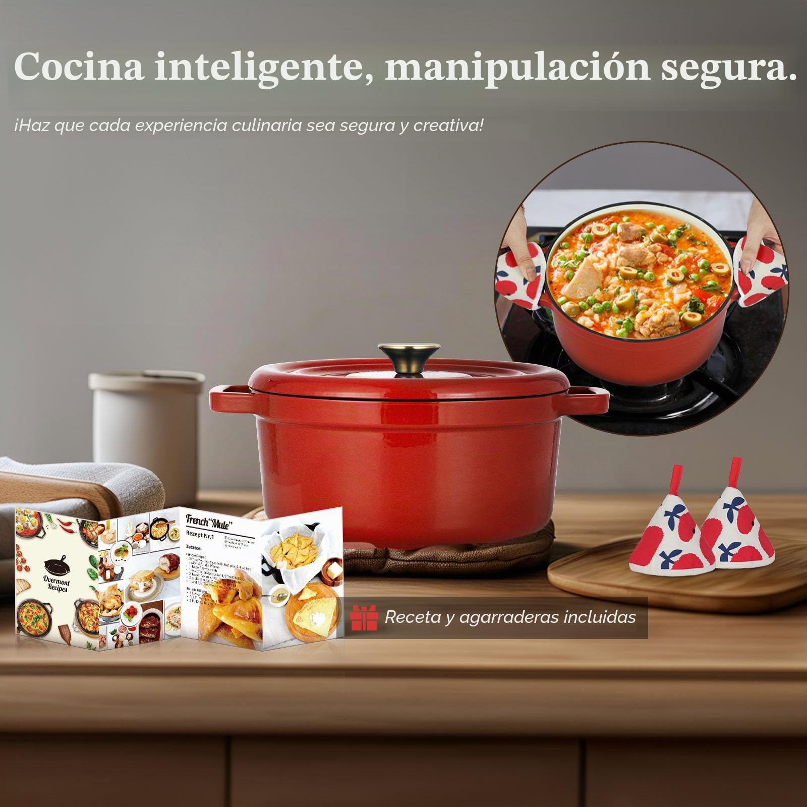 Overmont Horno holandés de hierro fundido esmaltado, olla de 5 cuartos con tapa, libro de cocina y agarraderas de algodón, utensilios de cocina resistentes para estofar, guisos, asar, hornear pan,Rojo