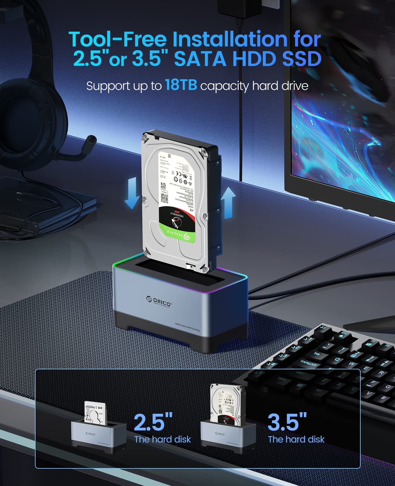 ORICO Station D'Accueil Double Baie Aluminium 2.5/3.5" HDD SSD - USB 3.2 Gen2 6Gbps UASP + Clonage Hors Ligne Jusqu'à 18To