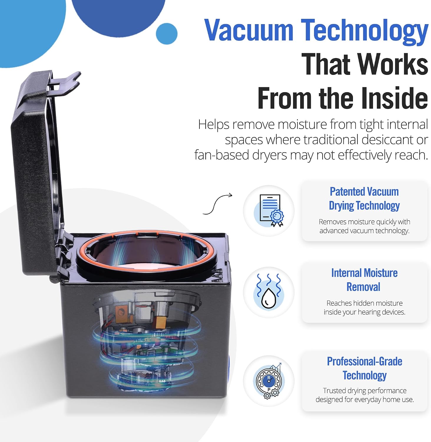 Redux DryBox Hearing Aid Dryer & Dehumidifier with 30-Minute Vacuum Drying | Removes sweat and moisture from rechargeable hearing aids, wireless earbuds and ear amplifiers