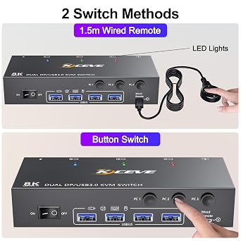 KVM Switch 2 Monitors 3 Computers Displayport, USB 3.0 KVM Switch 3 Computer 2 Monitor DP Share 4 USB 3.0 Ports Mouse Keyboard, 4K@144Hz, Wired Remote(4K DP 3 in 2 out KVM)
