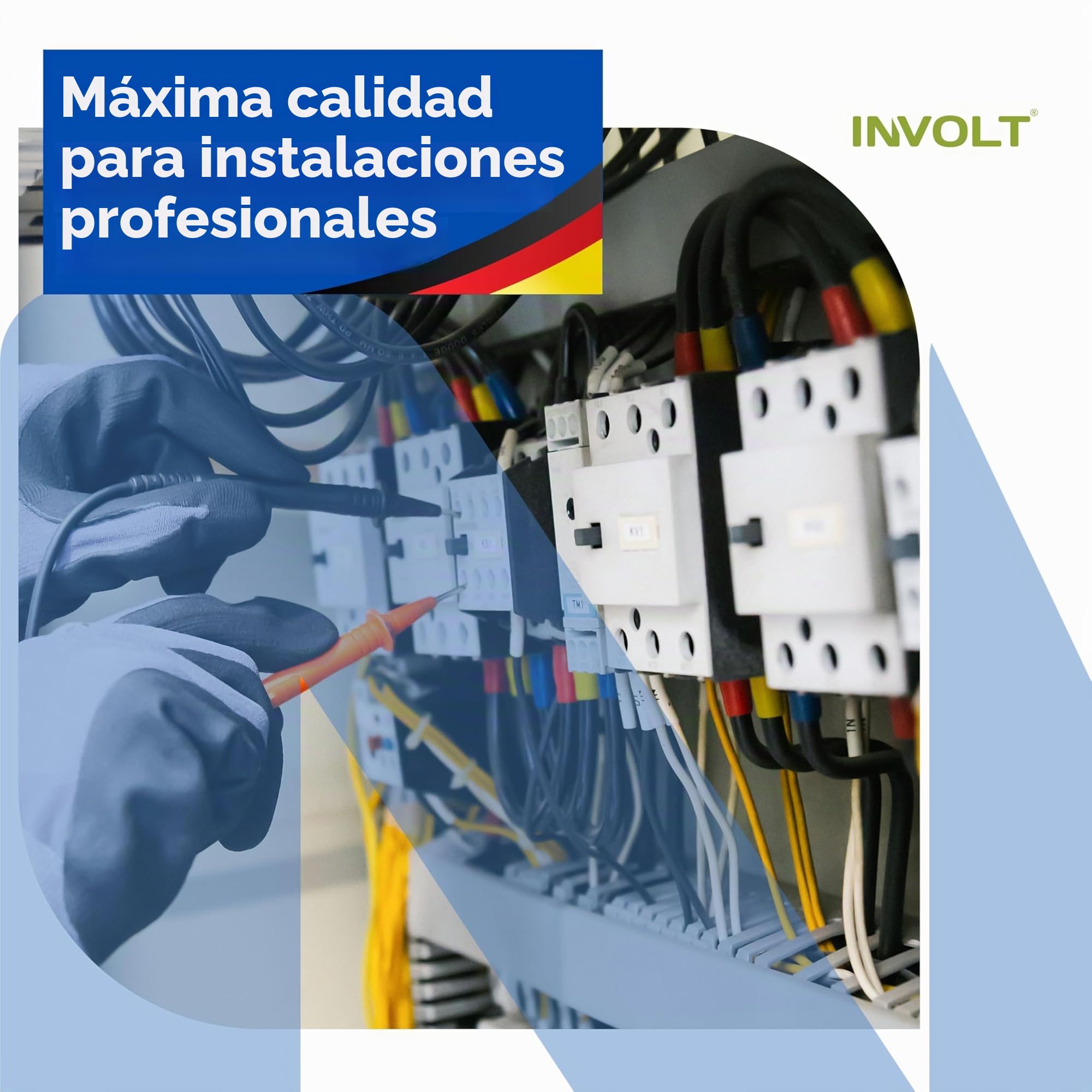 INVOLT Juego de Cables H07V-K con 100 Punteras Estanadas, Cable de Cobre 10 mm², 3 x 15 m Cables Individuales, Negro, Azul, Verde-Amarillo, Conforme VDE, Fabricado en Alemania
