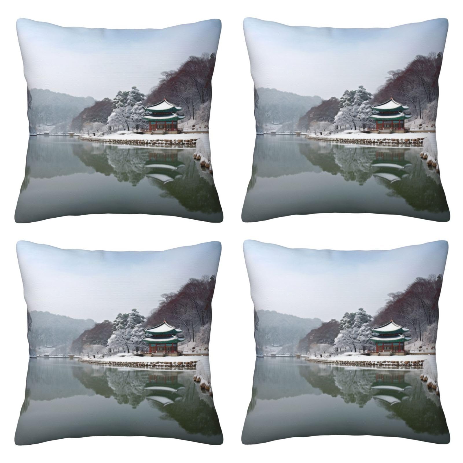 Korea Winter Lake Throw Pillow Cases 4 Pack Square Pillowcases Super Soft Pillow Protectors With Zipper for Couch Livingroom Sofa Bed Office Car,30x30 CM