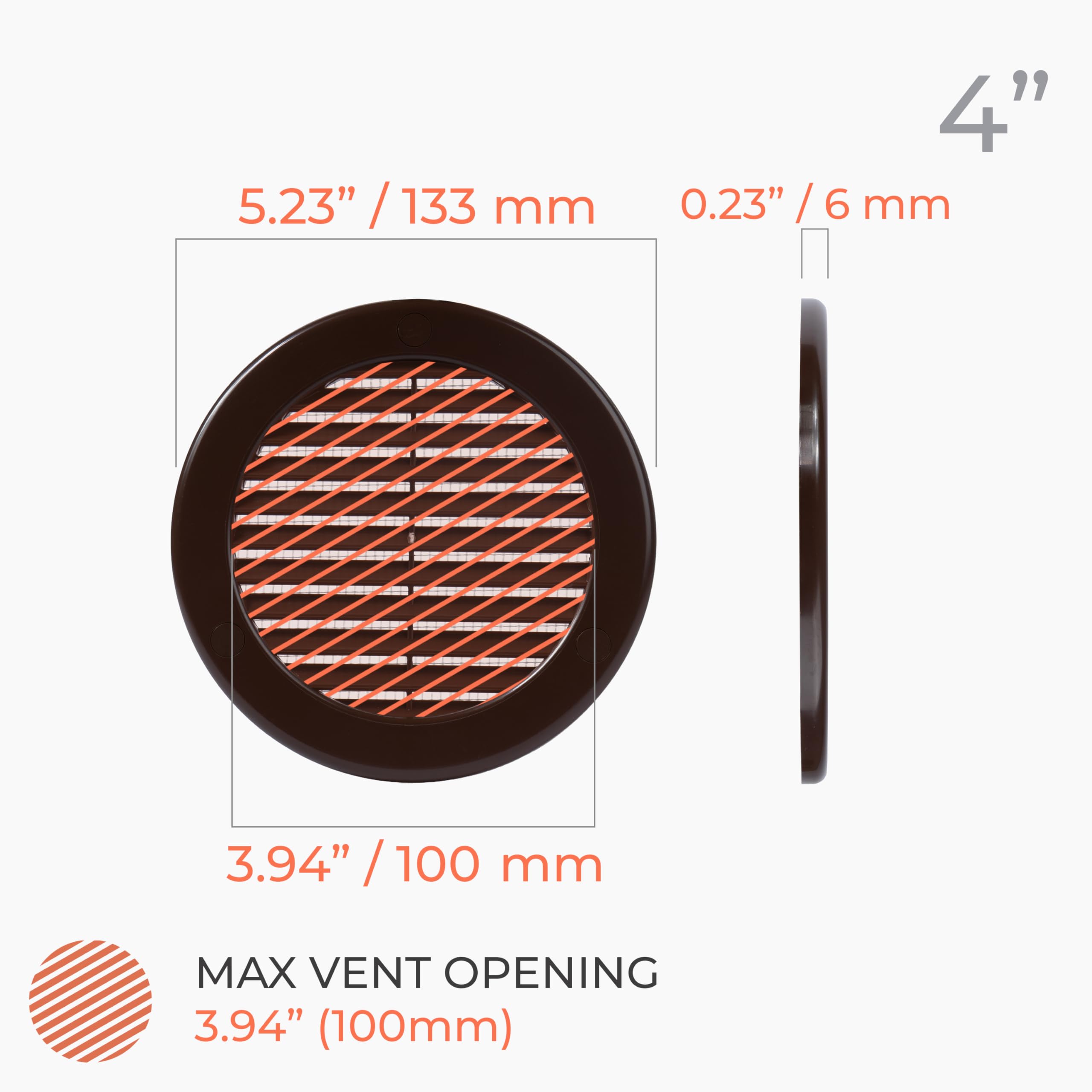 Paquete de 10 rejillas de ventilación redondas de plástico marrón de 10 cm de diámetro, rejilla de ventilación, cubierta de rejilla, malla de mosquitera integrada, ventilación HVAC,