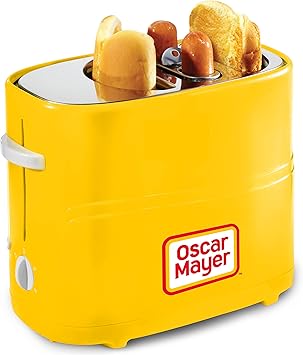 Oscar Mayer 2 Slot Hot Dog and Bun Toaster with Mini Tongs, Hot Dog Toaster Works with Chicken, Turkey, Veggie Links, Sausages and Brats, Yellow