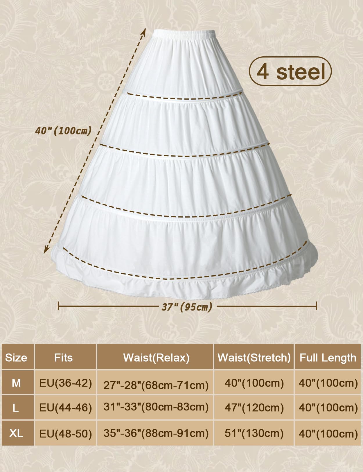 BEAUTELICATE Cancan Mujer Crinolina Enaguas Largas para Vestidos de Novia Boda Medieval Renacimiento Rockabilly Victoriano Disfraz 100% Algodón 4 Aros