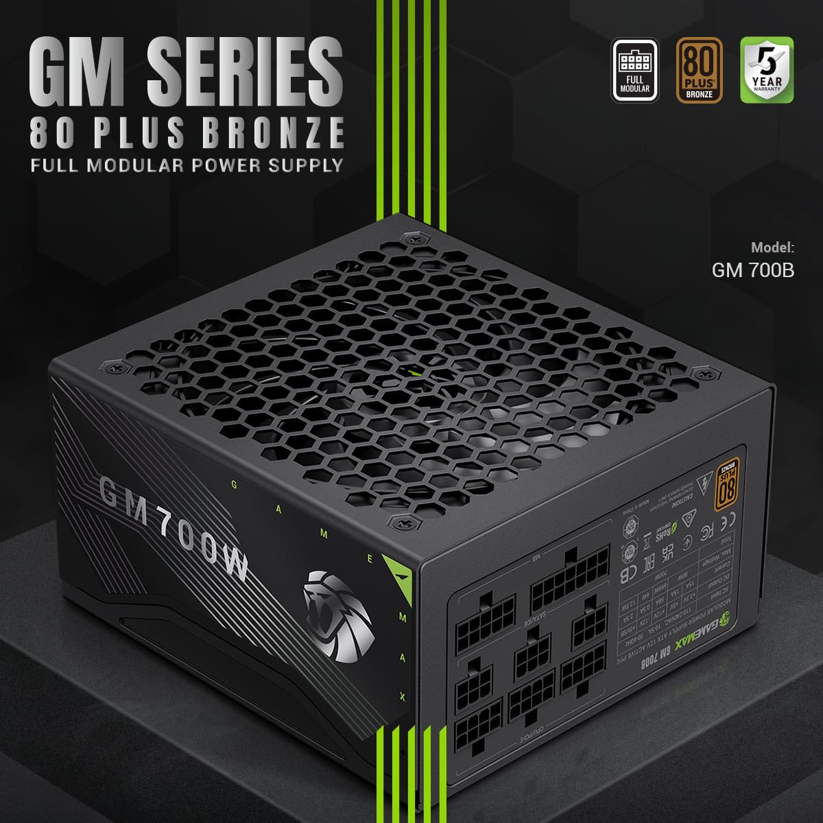 GAMEMAX GM 700B Netzteil PC 700 W, Vollmodular, 80 Plus Bronze, Active PFC & DC-to-DC, ATX Single 12V Rail, 140 mm Lüfter, Hochwertige Kondensatoren, 7 Schutzfunktionen, 5 Jahre Garantie, Schwarz