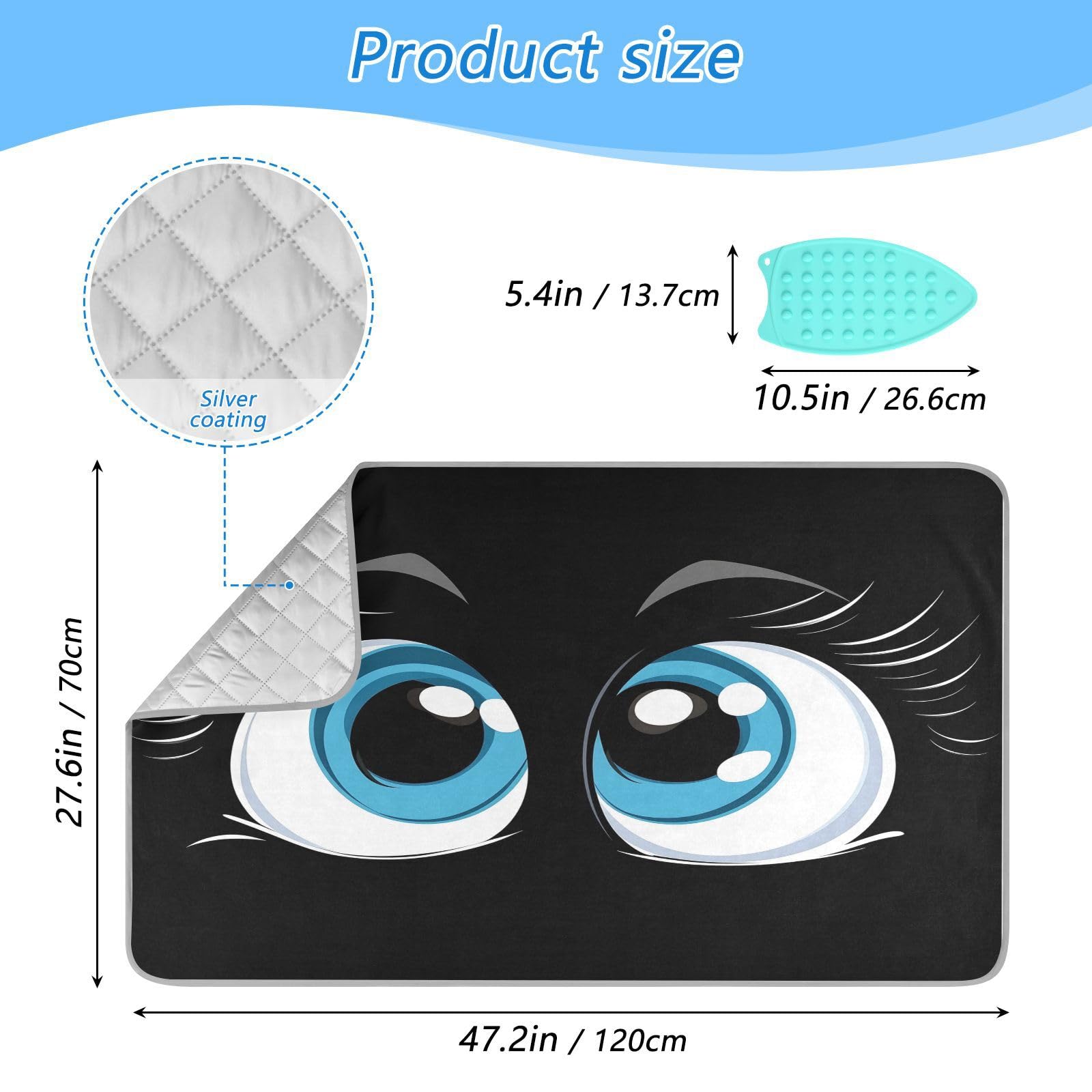 pnyoin Portable Ironing Mat Lovely Cartoon Eyes Black Travel Ironing Pad with Silicone Iron Rest for Steam Pressing on Tabletop or Bed Heat Resistant Portable Quilting & Travel Blanket