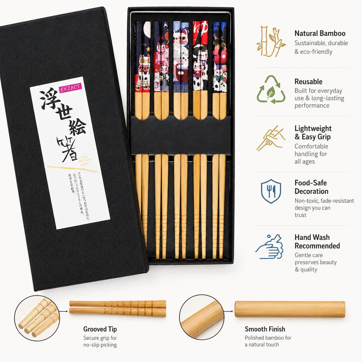 EXZACT Bamboo Chopsticks Gift Set 5 Pairs Handmade Box Lucky Cat