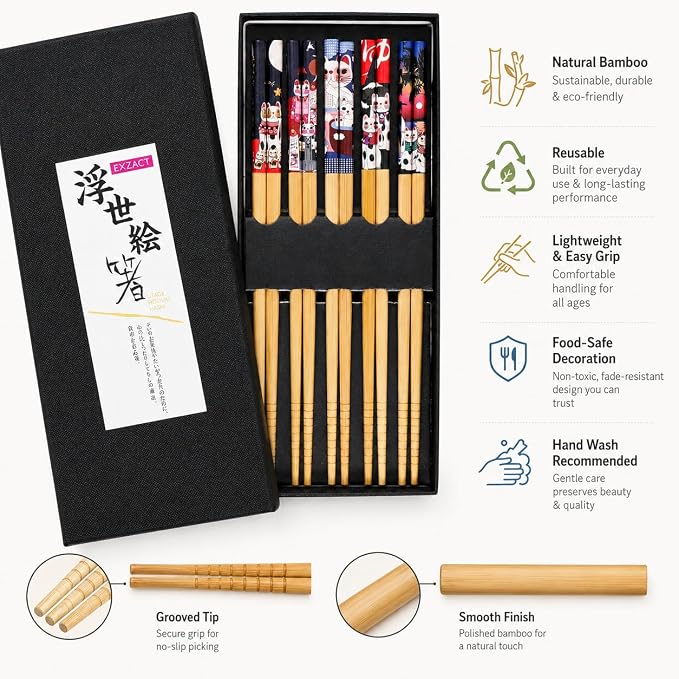 EXZACT Bamboo Chopsticks Gift Set 5 Pairs Handmade Box Lucky Cat miniatura 7