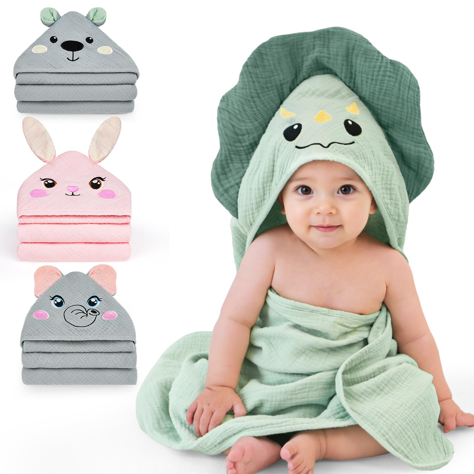 FIOBEE Hooded Baby Towels 100 Muslin Baby Bath Towels for Newborn with Animal Design Ultra-Soft and Absorbent Bath