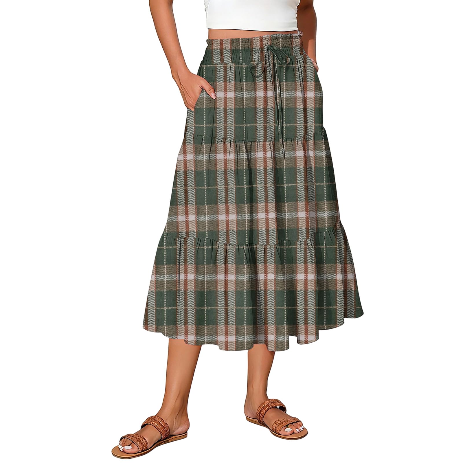 Plaid Skirts for Women Pleated Drawstring Elastic Waist Midi Skirt Flowy Tiered Summer Beach Gingham A Line Skirt