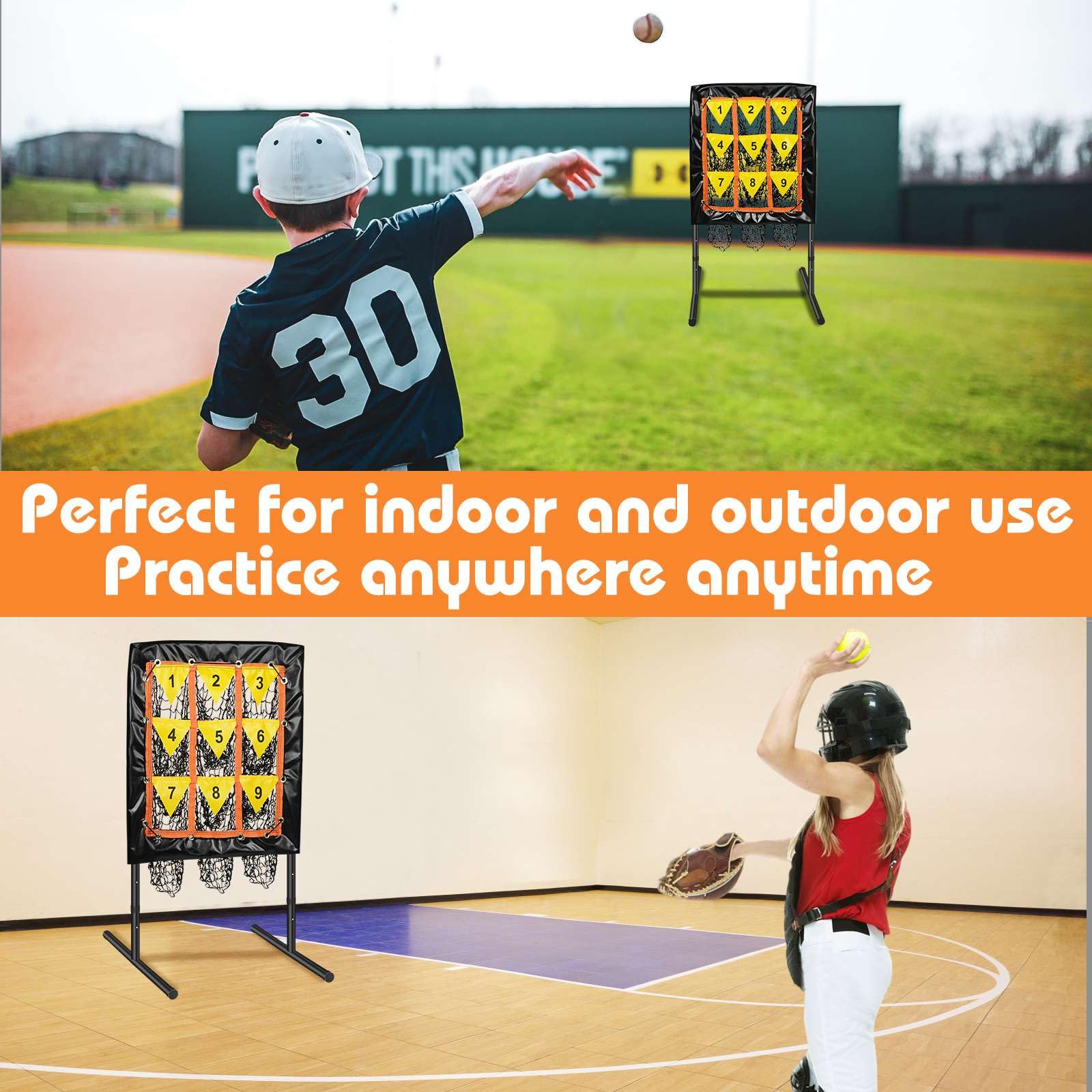 Pitching Net, 9-Loch-Baseballnetz mit Schlagzone, verstellbares Baseball-Softball-Pitching-Netz mit 9 Taschen Ziel, tragbares Pitcher-Übungsgerät für Outdoor Indoor
