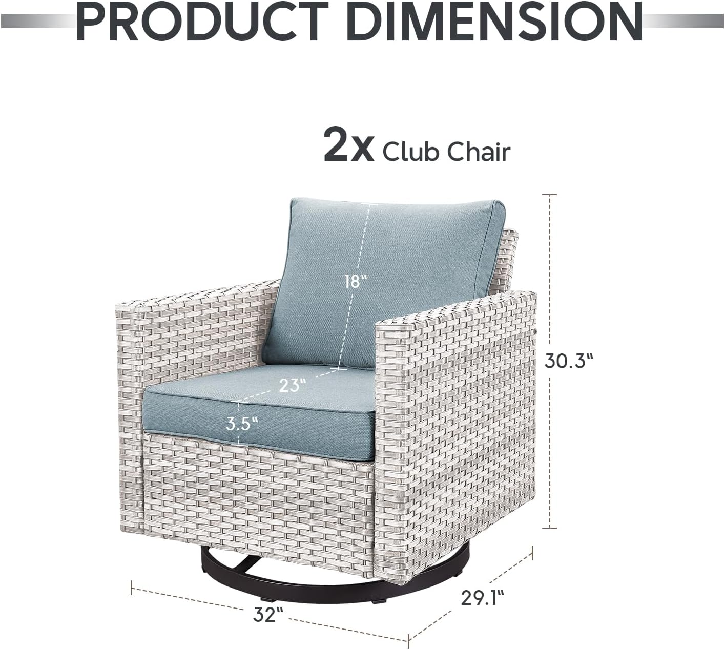 Patio Chairs Wicker Swivel Rocker Set of 2 - Heavy Duty Patio Furniture Set 350LBS Max Load Wicker Outdoor Swivel Glider Rocking Chairs for Porch Balcony Deck Poolside - Light Grey/Baby Blue
