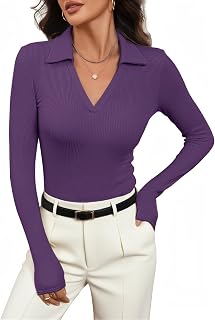 Womens Long Sleeve V Neck Polo Shirts Business Casual Collared Work Top Slim Fitted Basic 2025 Fall Outfit