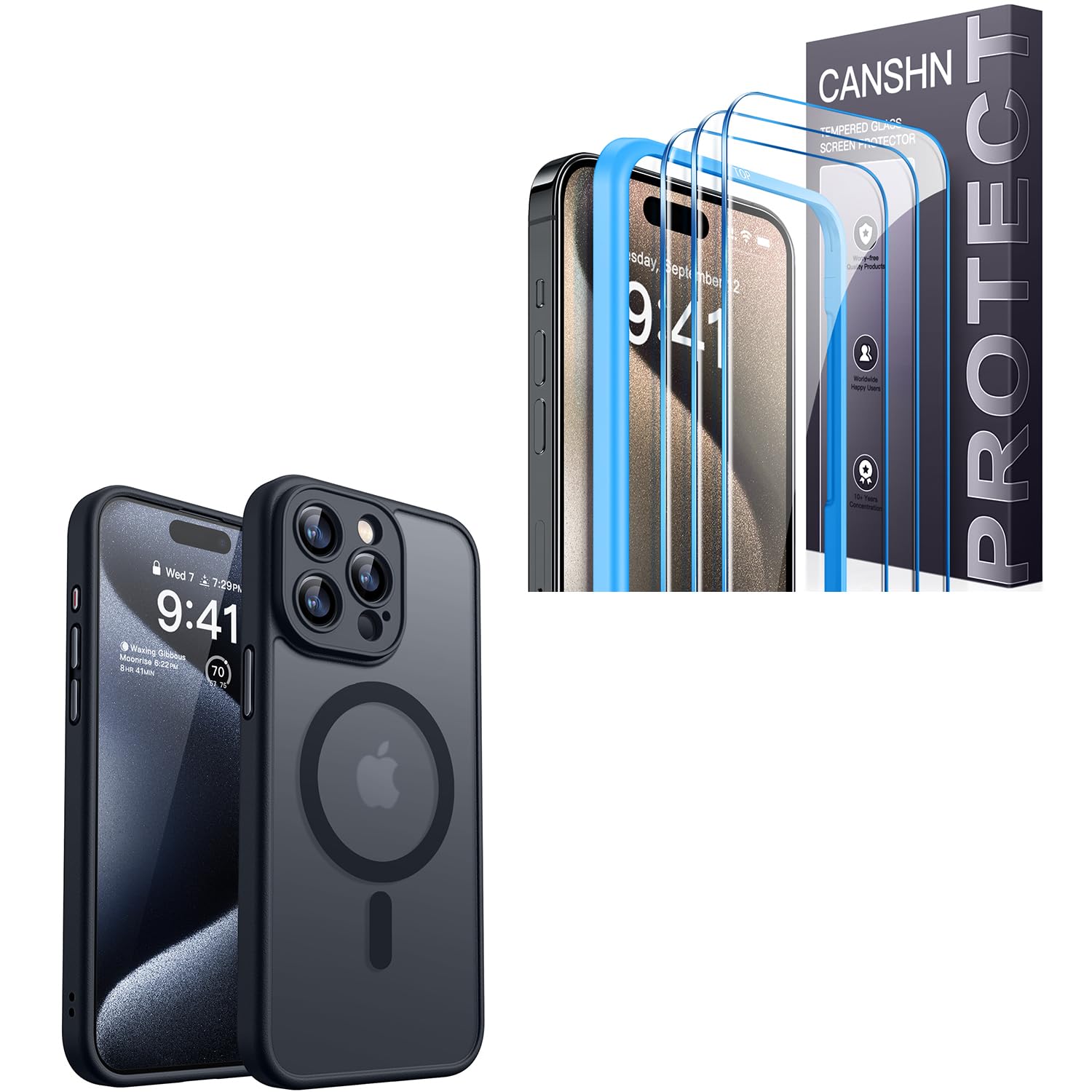 CANSHNMagnetic for iPhone 15 Pro Max Case Upgraded Full Camera Protection Black + 3 Pack for iPhone 15 Pro Max Screen Protector Tempered Glass with Easy Installation Frame - 6.7 Inch