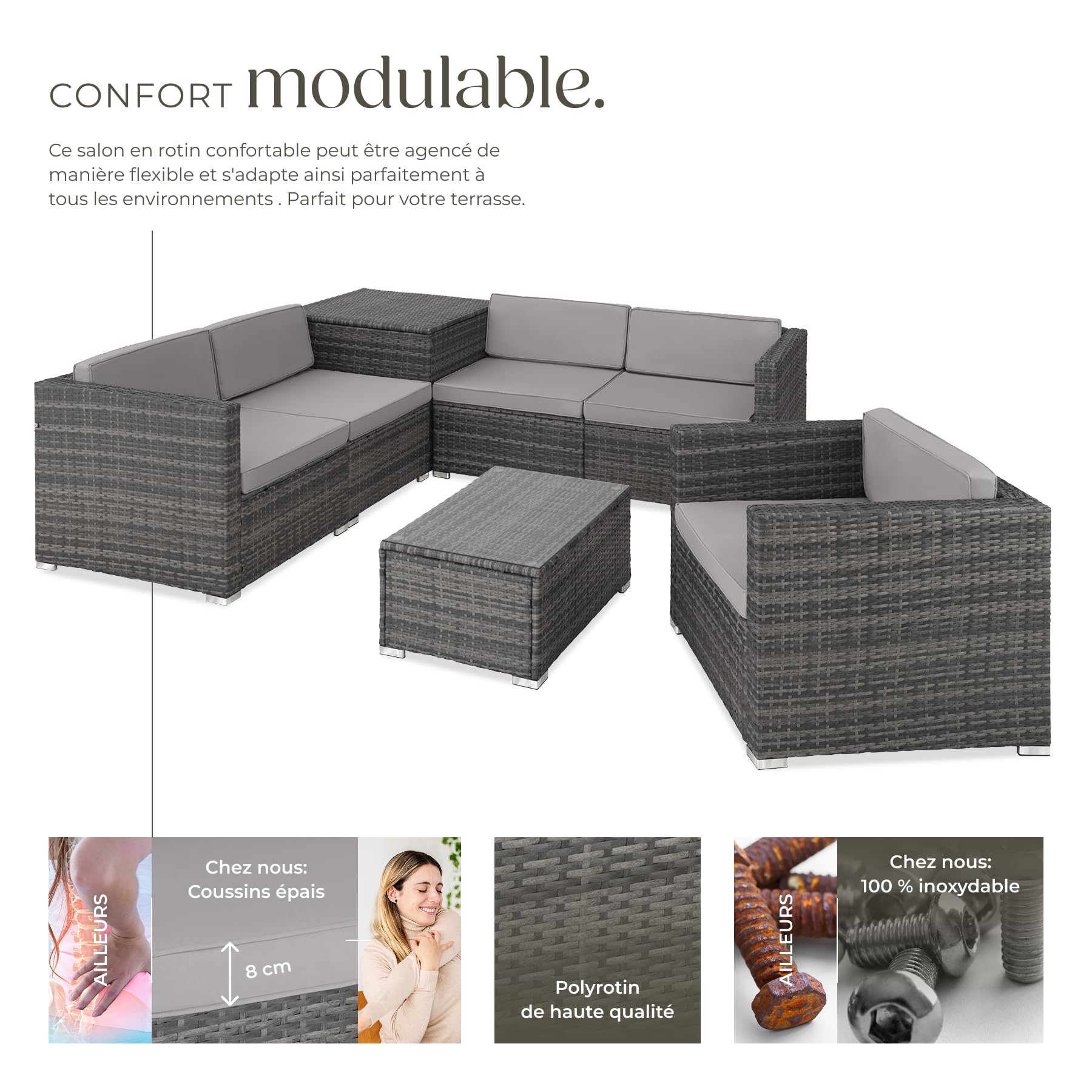 TecTake® Salon de Jardin Exterieur 5 Places en Resine Tressee Modulable 5 Fauteuil Jardin Coffre de Rangement et Table en Verre Inclus pour Amenagement Balcon Terrasse - Gris