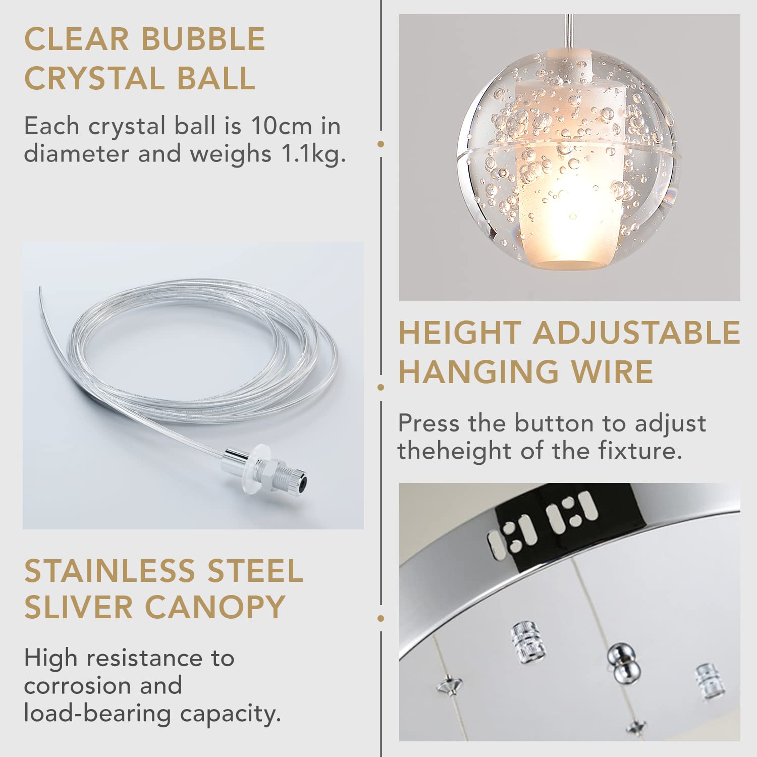 Pendelleuchte LED Moderne Glas Kristall Hängeleuchte Höheverstellbar Lüster Dekoratives Kronleuchter für Villa Treppe Wohzimmer Esszimmer Schlafzimmer Pendellampe (5 Bälle)