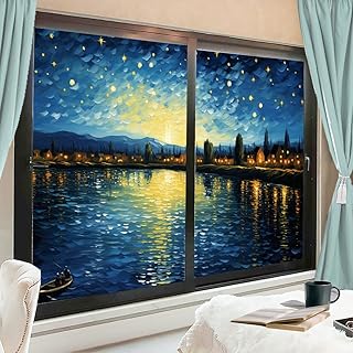 Starry Night River Window Privacy Film Boat Impressionism Nature Landscape Stained Glass Window Coverings No Glue Static Cling Window Film for Home Office Stores 23.6Wx35.4L-inch x2 Pcs