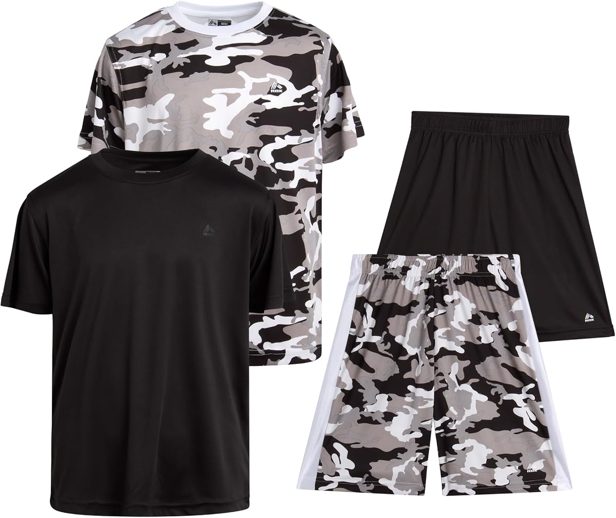 RBX Boys 4-Piece Dry Fit Short Sleeve Shirts & Basketball Shorts Gym Set | Two Tops & Two Bottoms, Quick-Dry Lightweight Feel, Built for Running, Jumping & Practice, Mix-and-Match Sizes 8-16